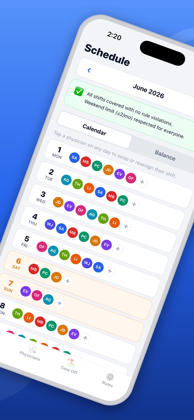 ShiftMD showing a generated monthly call schedule