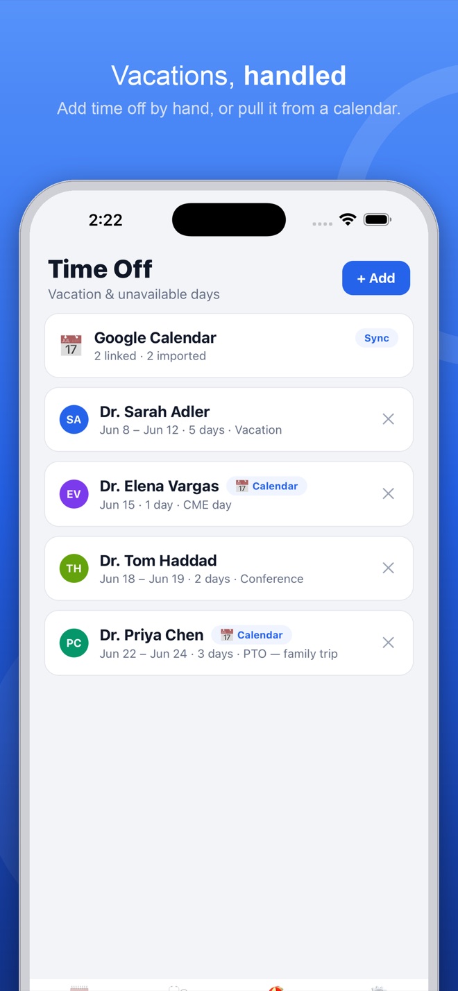 Time-off list with calendar-imported entries
