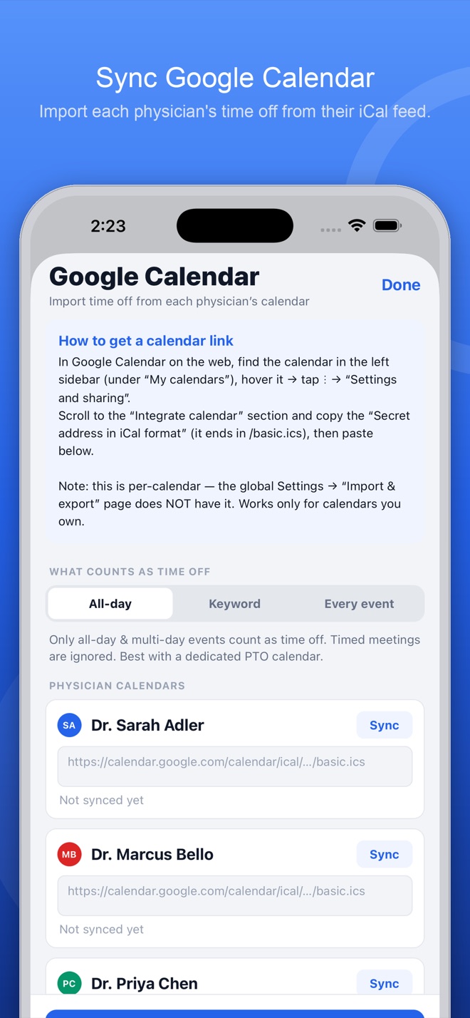 Syncing time off from Google Calendar